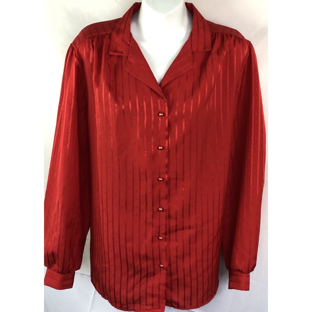 Vintage top blouse XL red Satin Stripe buttonup pleats longsleeve Holiday career